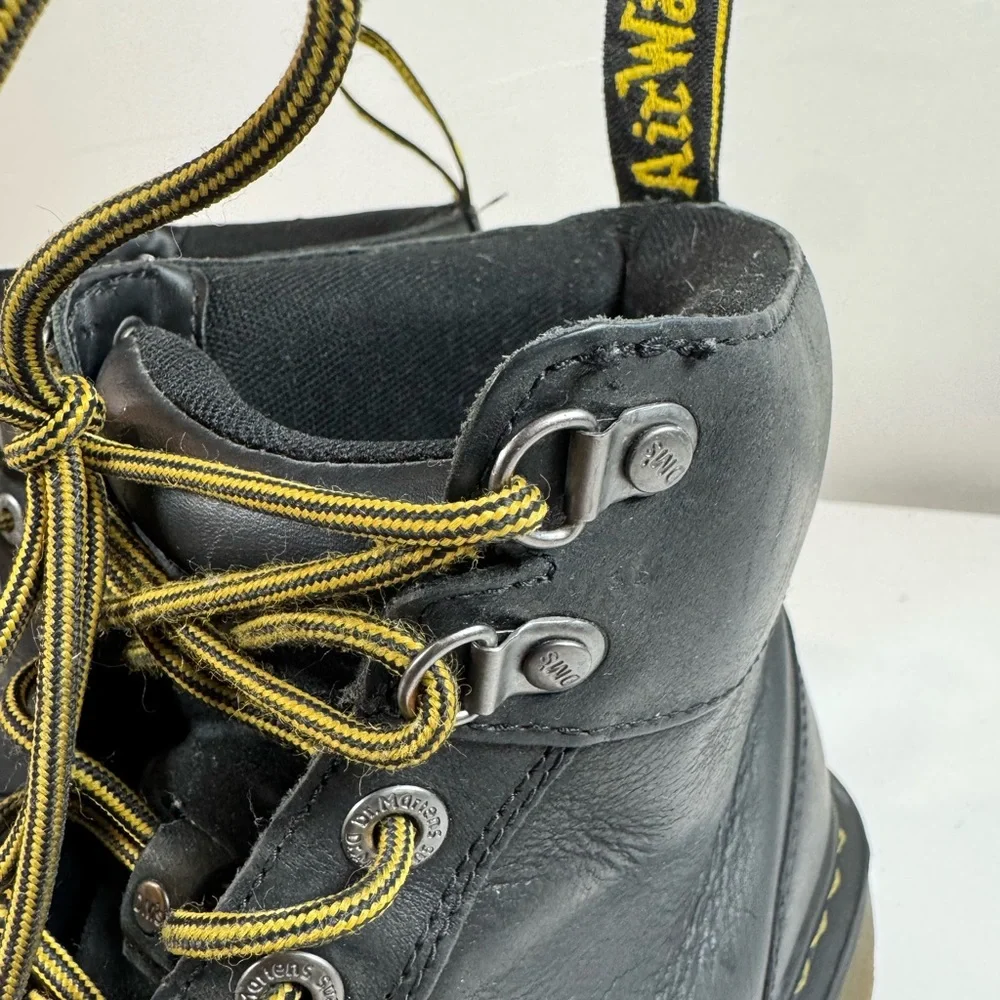 Dr. Martens Black Leather Lace-Up Combat Boots with Yellow Accents